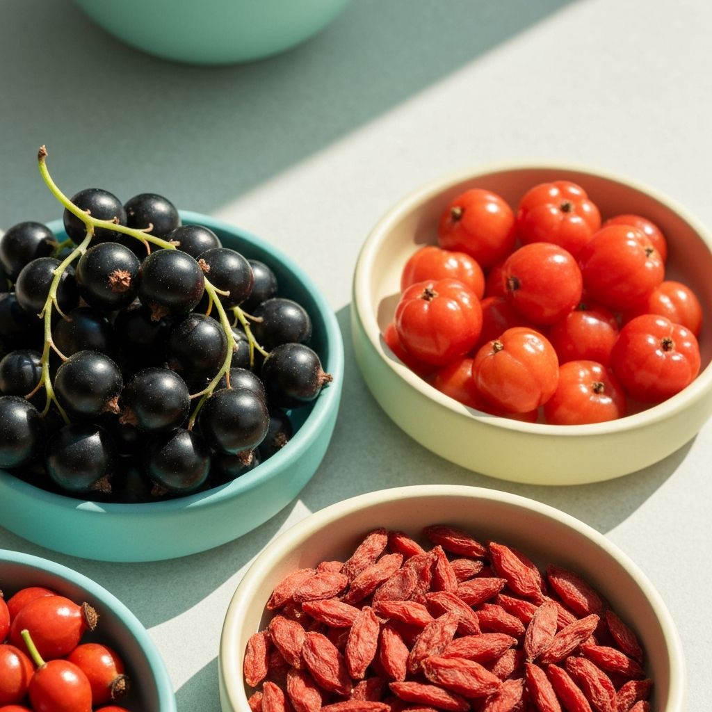 Owoce - czarna porzeczka, acerola, jagody goji, owoce dzikiej róży